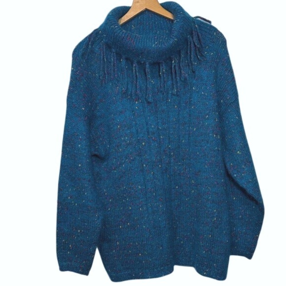 Women's Cappagallo Teal Speckled Turtleneck Sweater Fringe Detail‎ Size M